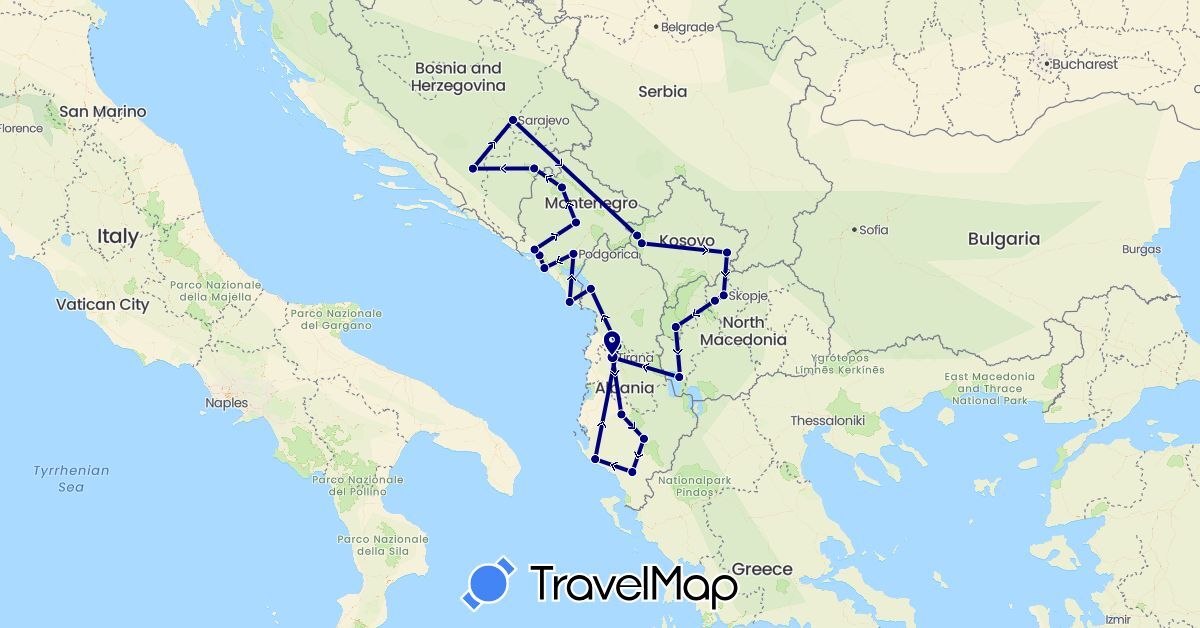 TravelMap itinerary: driving in Albania, Bosnia and Herzegovina, Montenegro, Macedonia, Kosovo (Europe)